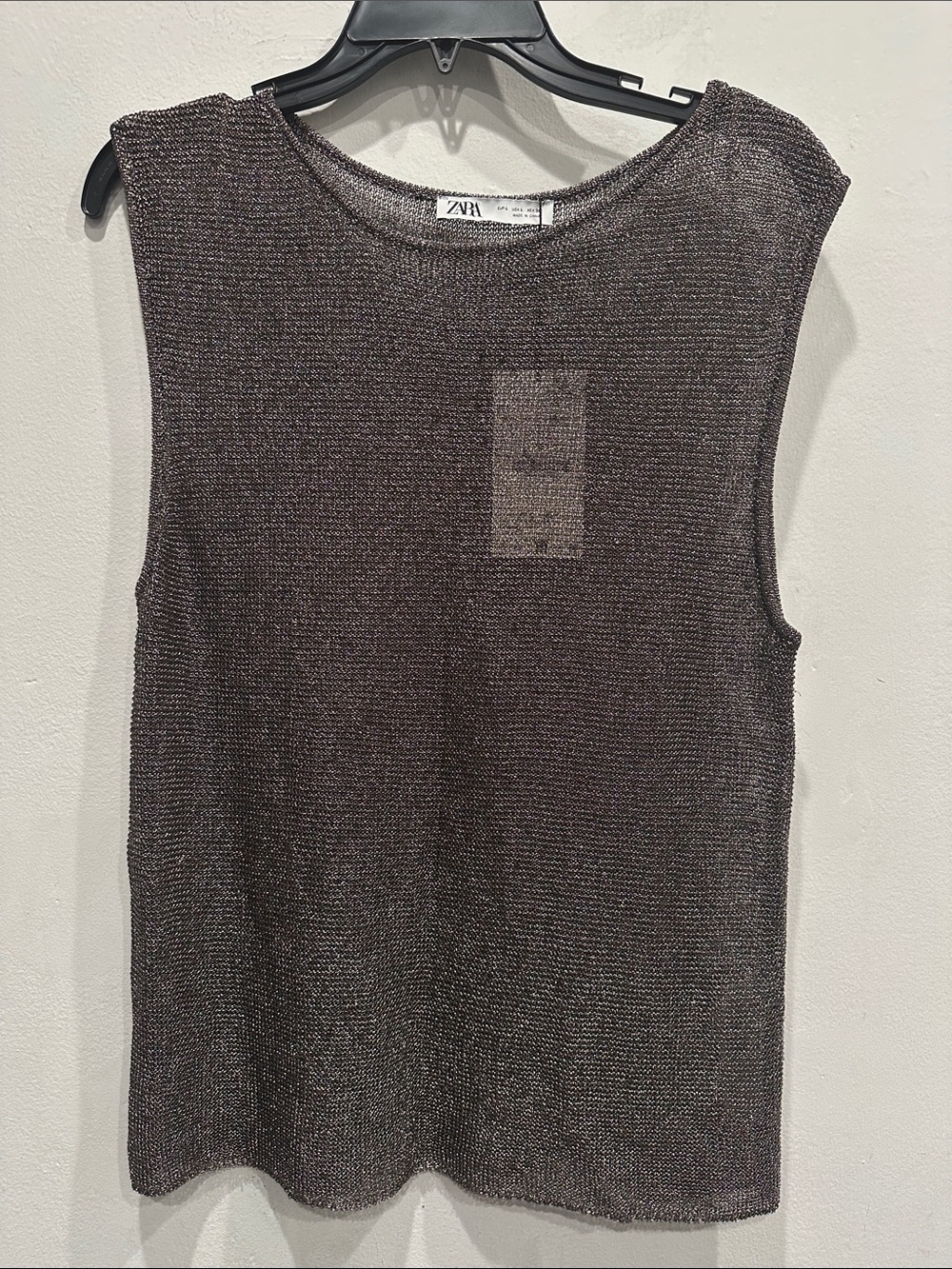 Zara mesh tank top blouse bronze metallic shimmer knit large NWT sheer vest